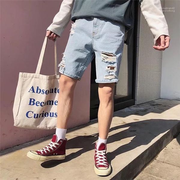 

fashion homme solid color jeans mens designer casual hole denim shorts summer loose straight, Blue
