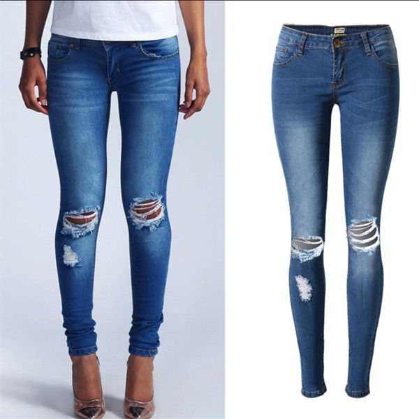 

2020 fashion pencil pants hole jeans woman ripped jeans for women vaqueros mujer jean denim pants pantalon jean femme, Blue