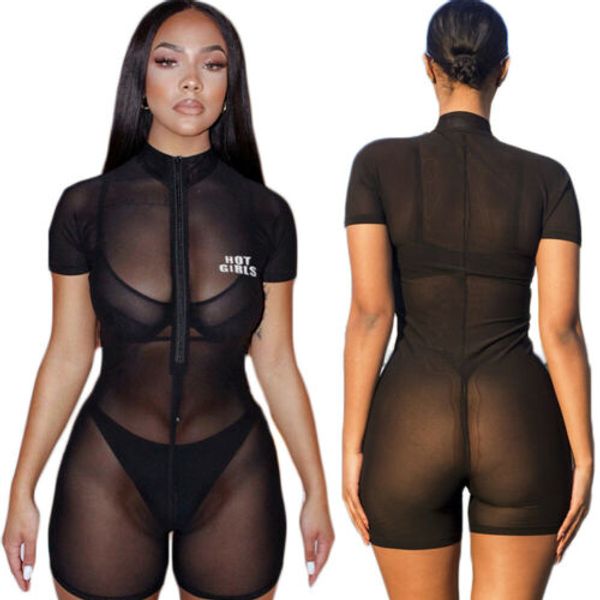 

women's jumpsuits & rompers womens zip high neck sheer fishnet playsuit ladies summer shorts, Black;white