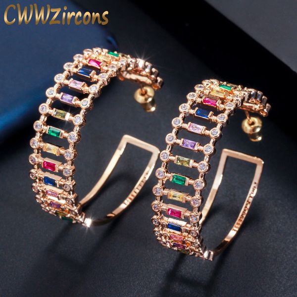 

cwwzircons big circle round multi rainbow color cubic zirconia crystal gold hoop earrings ladies statement jewelry cz613, Golden;silver