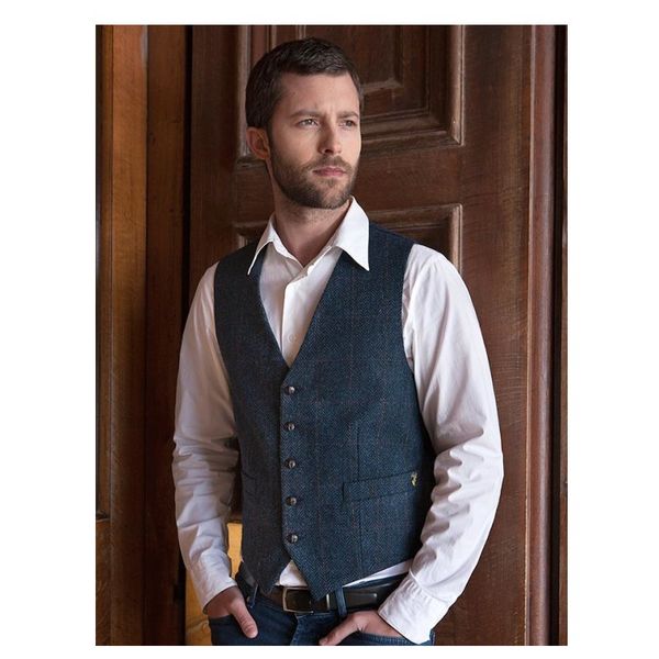 

blue paid groom vests wool herringbone tweed vests slim fit wedding waistcoat custom made prom men vests, Black