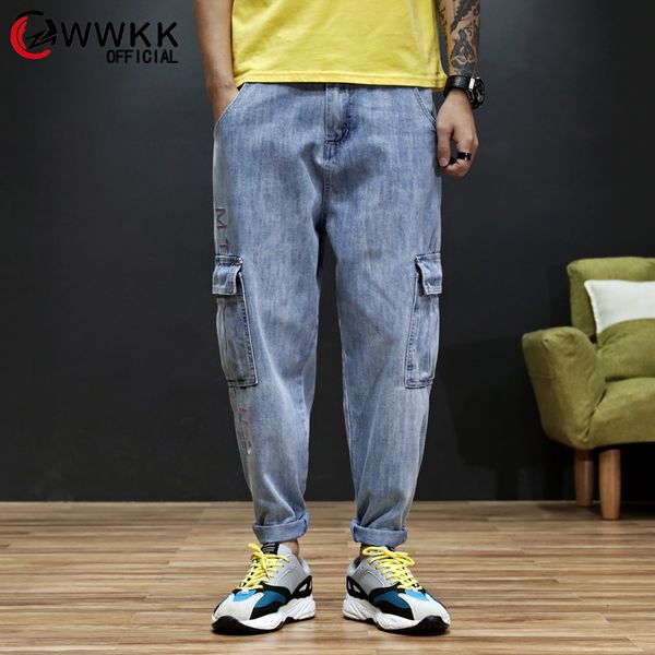

wwkk new 2020 large size 28-42 harem jeans fashion loose big pockets hip-hop skateboard casual men denim blue design