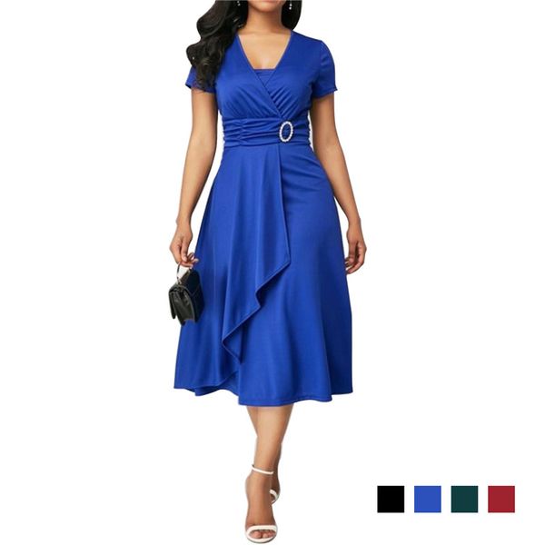 

elegant asymmetric midi dress women autumn summer solid casual short sleeve v-neck dress plus size high waist s-5xl, White;black