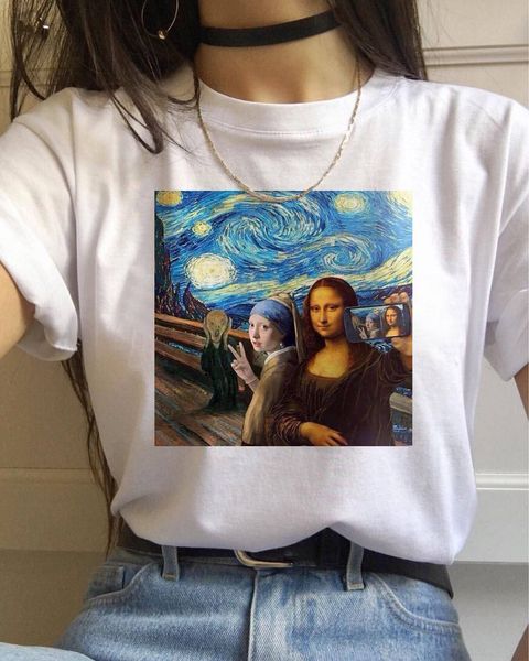 

новый spoof mona lisa t shirt женщины повседневный забавный мультфильм печать kawaii мода футболка лето с коротким рукавом top тройники женс, White