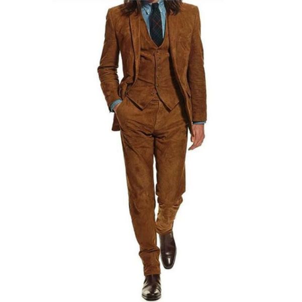 New Suede 3 Pieces Noivo Smoking entalhado lapela Groomsman casamento Ternos Formal Wear Mens Prom Party Blazer (Jacket + colete + calça)