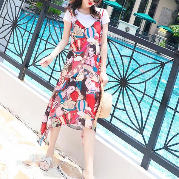 

women sleeveless print irregular hem v-neck summer leisure suspender dress, Black;gray