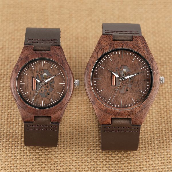 

2019 couple watch quartz handmade walnut wooden watches unique hollow-out dial coffee leather strap lover gift reloj para pareja, Slivery;brown