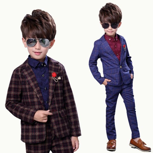 

boy's 2pcs coffee grid formal suit wedding dress kids boys outfits sizes 3-8yrs, Blue;gray