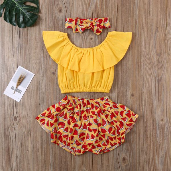 

summer holiday baby girls yellow short printed pants 3psc sunsuit outfit, White