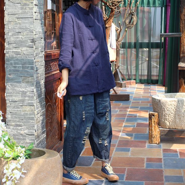 

johnature original 2019 autumn new women jeans cotton denim cross-pants elastic waist loose ripped hole vintage long pants jeans, Blue