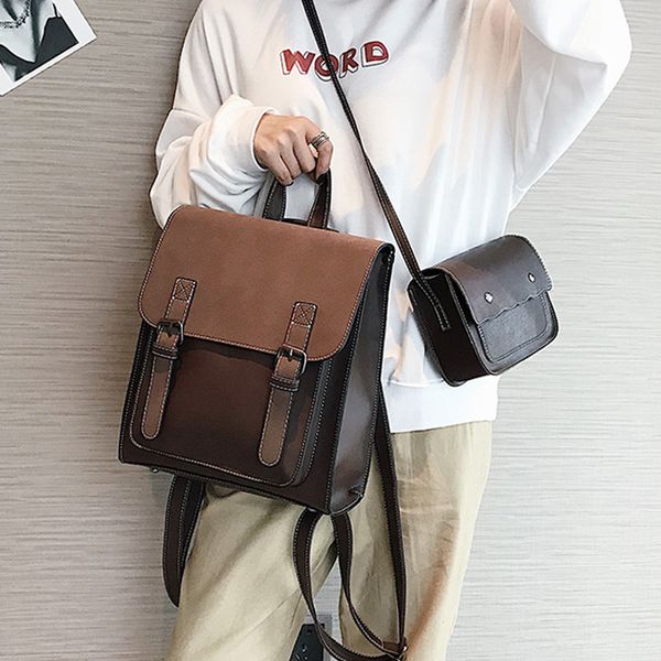 

fashion 2 pcs/set leather women backpacks for teenagers female back pack large capacity pu travelling bags vintage school bag