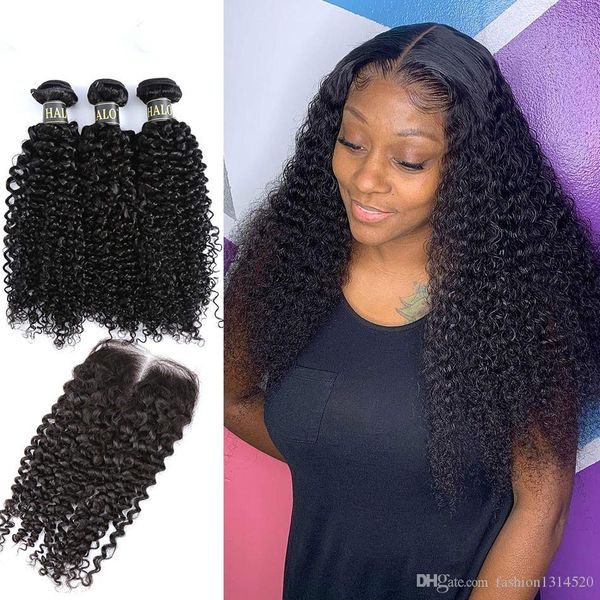 

kinky curly bundles with closure brazilian 3 bundles with lace closure hair extension, Black