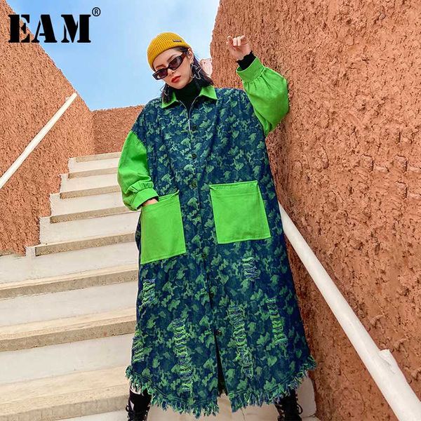 

eam] women hollow out denim big size long trench new lapel long sleeve loose fit windbreaker fashion tide spring 2020 1r431, Tan;black