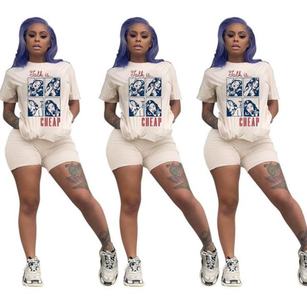 

женщины мультфильм печатных 2шт костюмы лето круглый вырез одежда лето повседневная улица сексуальные спортивные костюмы, Gray