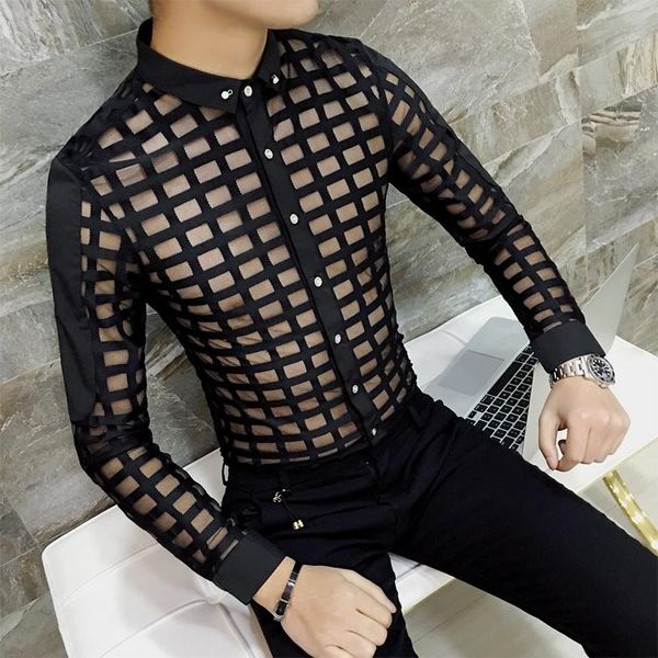 

slim fit men shirt new fashion transparent shirt mens club outfit plaid shirts black white camisa slim fit men, White;black