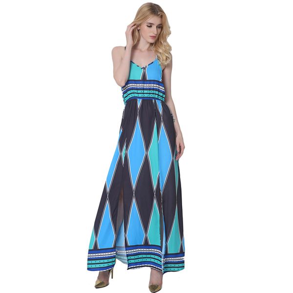 

2019 ukraine women cami dress colorblock geometric v neck sleeveless side split maxi dress casual summer blue robe femme, Black;gray