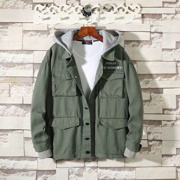 

autumn new hooded jacket men fashion solid color casual multi-pocket tooling jacket man streetwear hip hop loose bomber, Black;brown
