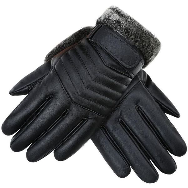 

1 pair men winter camping bike bicycle cycling touch screen sports gloves windproof pu gloves, Black