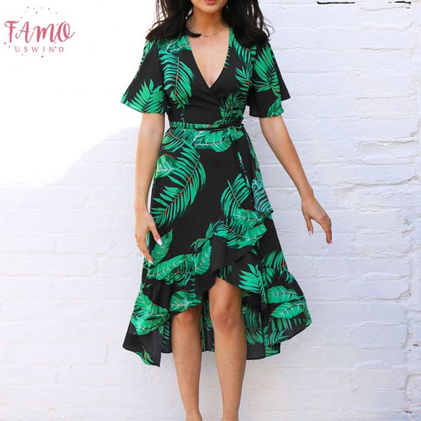 

new arrival 2019 chiffon summer dress v neck print short sleeve beach dress irregular sashes sundress plus size vestidos, Black;gray