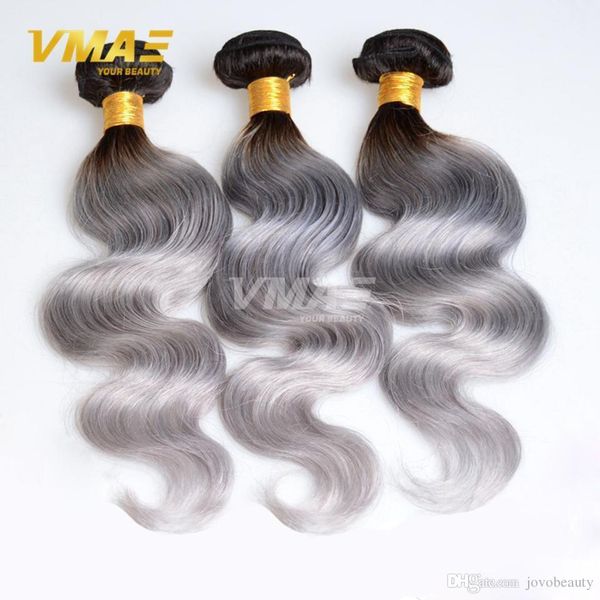 

ombre 1b/gray two tone peruvian virgin vmae grey human hair extensions weave body wave 3 hair bundles weaving opp bag, Black