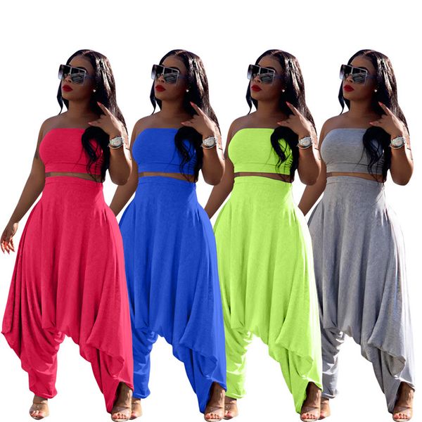 

women 2 piece pants plus size hip hop summer sportswear t-shirt harem pants sweatsuit strapless crop loose outfits bodysuits 1302, White