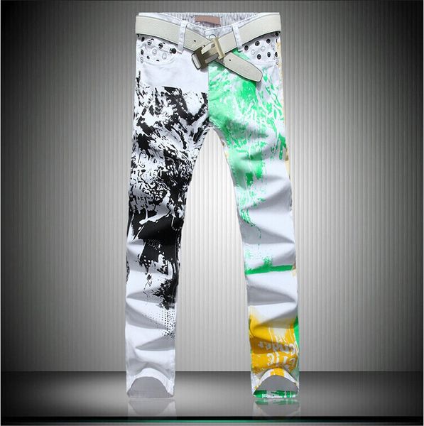 

plus size46 2016 men's jeans print jeans leisure printing color white denim pants men lp51, Blue