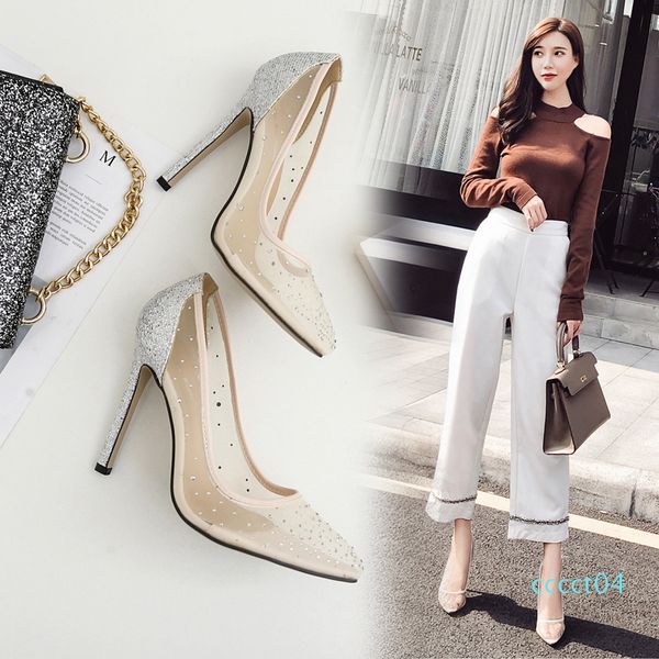 

luxury bridal wedding shoes meshy rhinestone pointed pumps fashion luxury designer women shoes nude silver size 35 to 40, Black