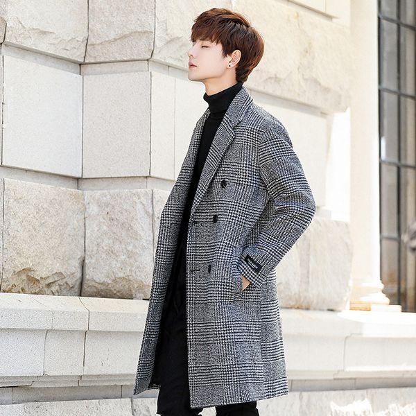 

winter long jacket men fashion korean loose fit double breasted trench coat teenager turn-down collar pocket warm overcoat male, Black