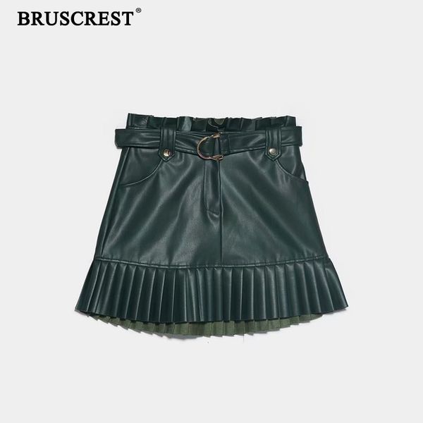 

ruffle high waist skirt mini short skirt black sash elegant belt leather skirts women faux leather skirts pockets