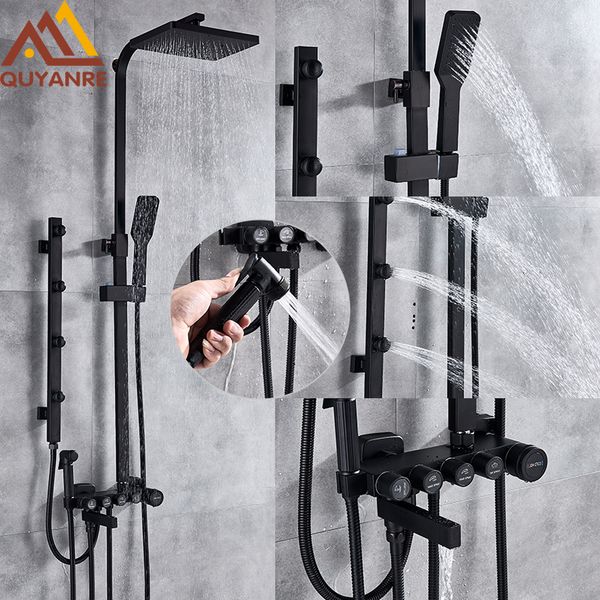 

matte black chrome shower faucets set brass 5-way button control mixer tap spa massage jets shower bidet bath shower set
