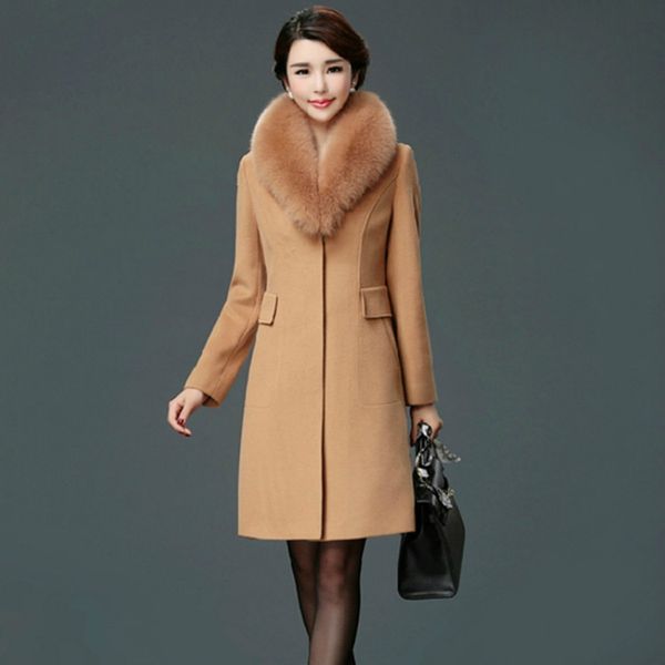 

women fur collar wool coat winter fashion thick warm plus size korean elegant long jacket female cashmere vintage long wool coat, Black
