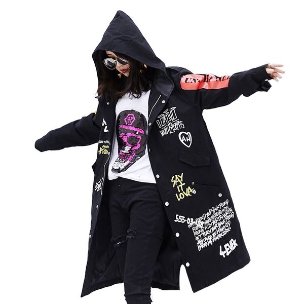 

2018 spring streetwear harajuku dovetail hooded trench coat for women casual graffiti print windbreaker hip hop frock outwear, Tan;black