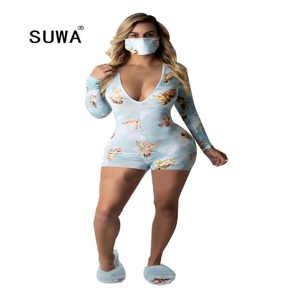 

colorful print rompers womens jumpsuit deep v neck long sleeve skinny bodysuit streetwear buttons up one piece slim overalls, Black;white