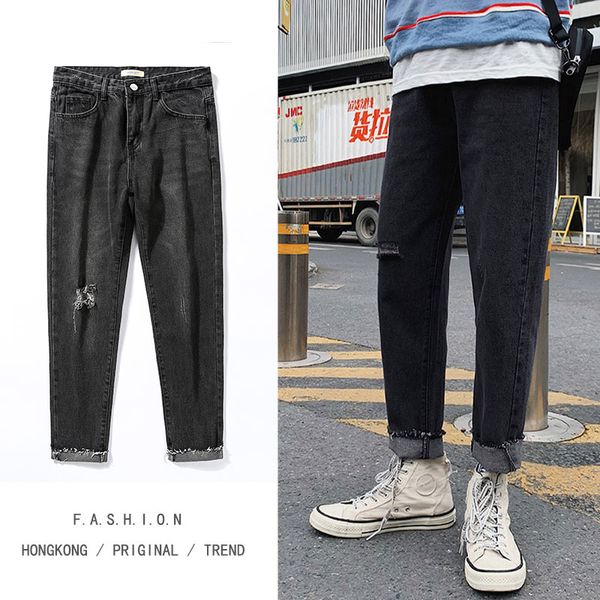 

men's jeans 2021 stretchy loose tapered harem cotton breathable denim casual trousers blue gray ankle pants