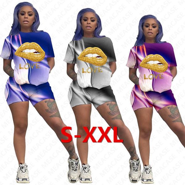 

women tracksuit gradient colors lips letter designer short sleeves t shirt shorts two piece set outfits casual sports suit s-2xl d7206, White