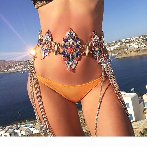 

8 colors luxury crystal bodychain summer beach bikini body jewelry for women long rhinestone pendant necklace juran