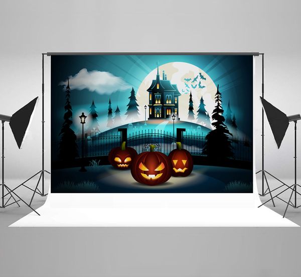 Kate Mikrofaser-Halloween-Mondnacht-Fotografie-Hintergrund, gruseliges Spukschloss, Horror-Friedhof, Fotohintergrund, Grimasse-Kürbis-Hintergründe