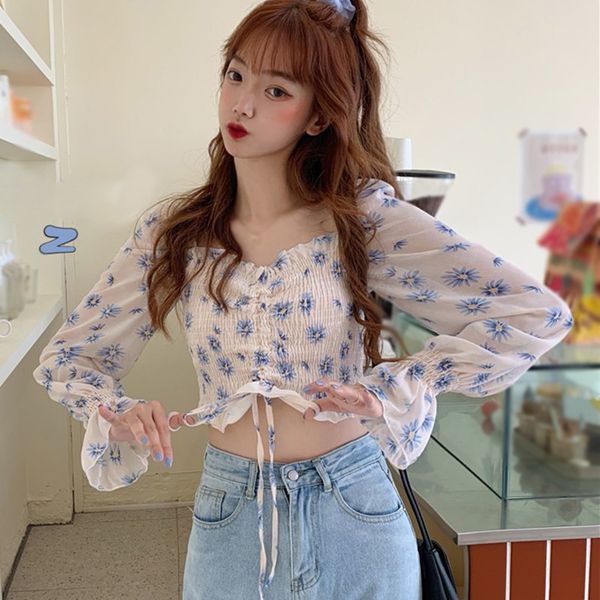 

women's chiffon square collar shirt korean fashion small floral sweet style pleated ladies, White