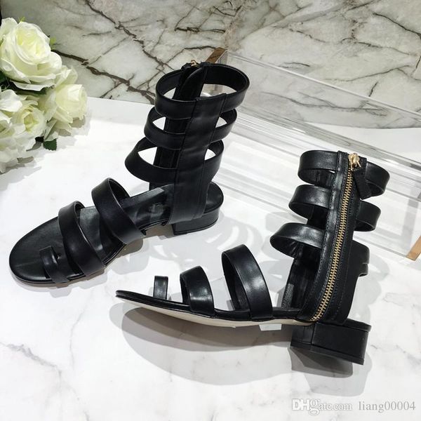 

classic women's fashion leather sandals eye-catching gladiator style brand designer leather outsole perfect flat canvas plain sa xing19, Black