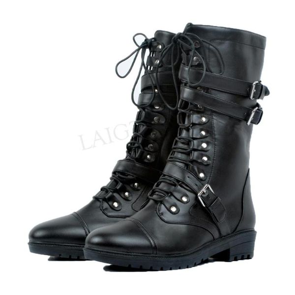 

mid claf boots for women side zip motorcycle low heels lace up zapatos mujer boots shoes woman large size 45 49 50 52, Black