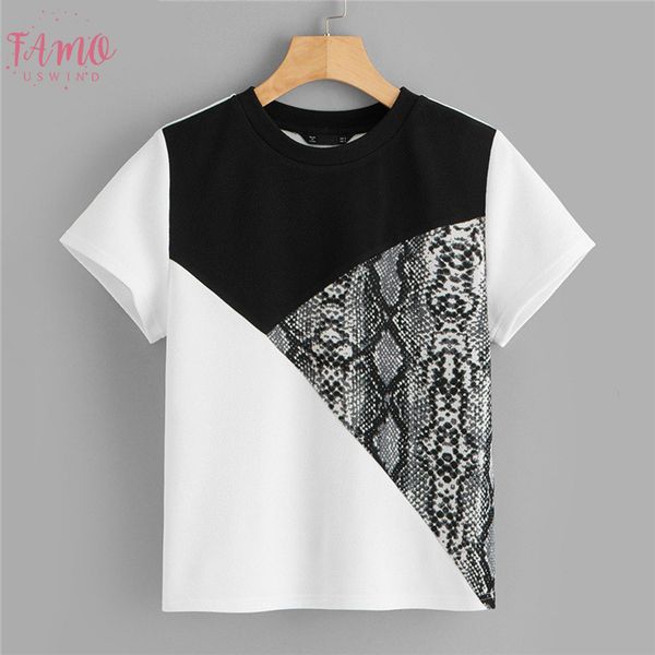 

snakeskin print colorblock short sleeve tee streetwear summer fashion tees 2019 casual women style t shirts drop shipping, White