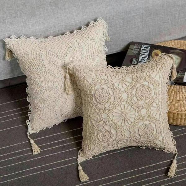 Square Village Hand Made Crocheted Tassel Pillow Case Cushion