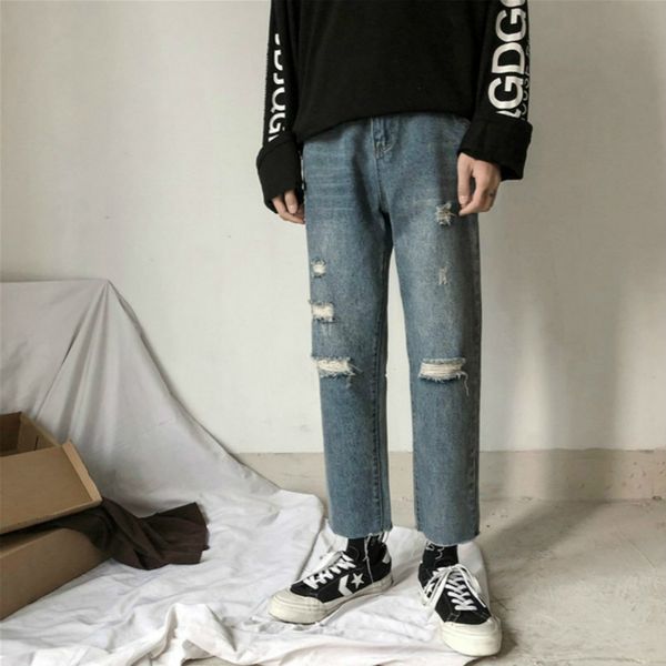 

2019 spring korean style men's new holes stretch slim fit classic skinny wash jeans men blue casual pants biker denim trousers