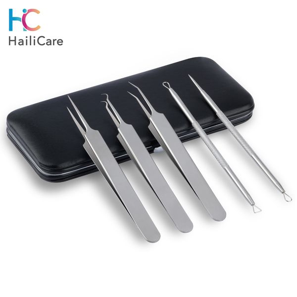 

5 pcs acne blackhead removal needle tweezers face care comedone pimples blemish extractor remover stainless steel leather case