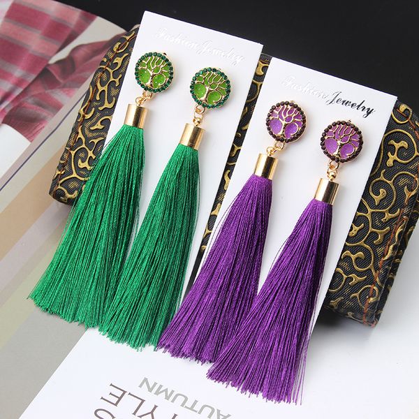 

Bohemian Tree of Life Tassel Earrings For women crystal Long Silk Fabric Drop statement Earrings 2019 Fashion Boho Jewelry Bulk