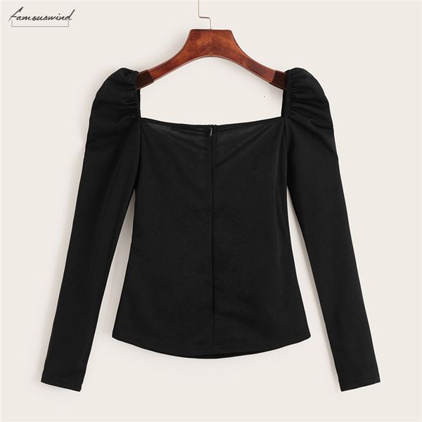 

blouse black slim back puff sleeve zip fitted wrap sweetheart neck women solid spring club high street blouses, White