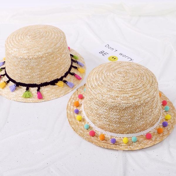 

bohemia women's summer straw sun hat mexico gentlemen flat fedoras dome hats pork pie hat straw bowler cap with colorful tassel, Blue;gray
