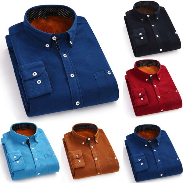 

men warm fleece corduroy solid shirts business casual slim fit long sleeve shirts 2019 winter clothes camisa franela hombre, White;black