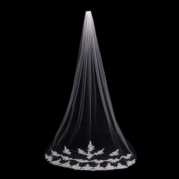 

beuatiful lace bridal veil with comb 3m long mesh wedding cathedral applique bridal hats white/ivory veu de noiva 3