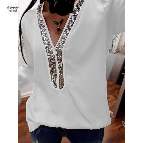 

блуза плюс размер s ~ 5xl sequined женщины рубашки топы аппликация осень с длинным рукавом v шеи сыпучие дамы лоскутная леди blusa одежды, White